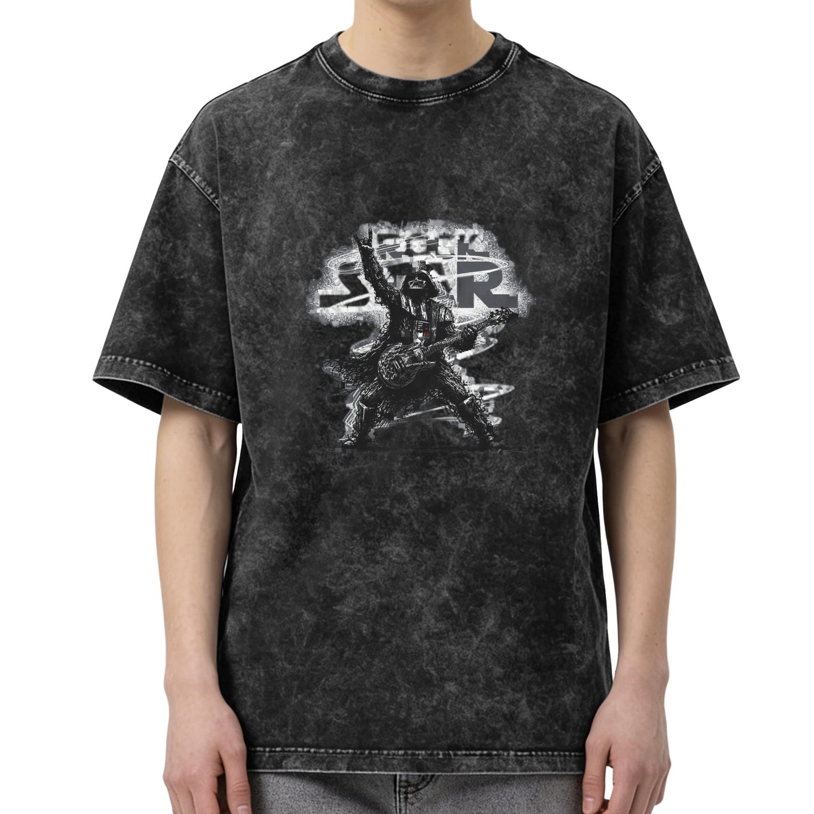 Distressed black rock and roll themed printed short-sleeved T-shirt