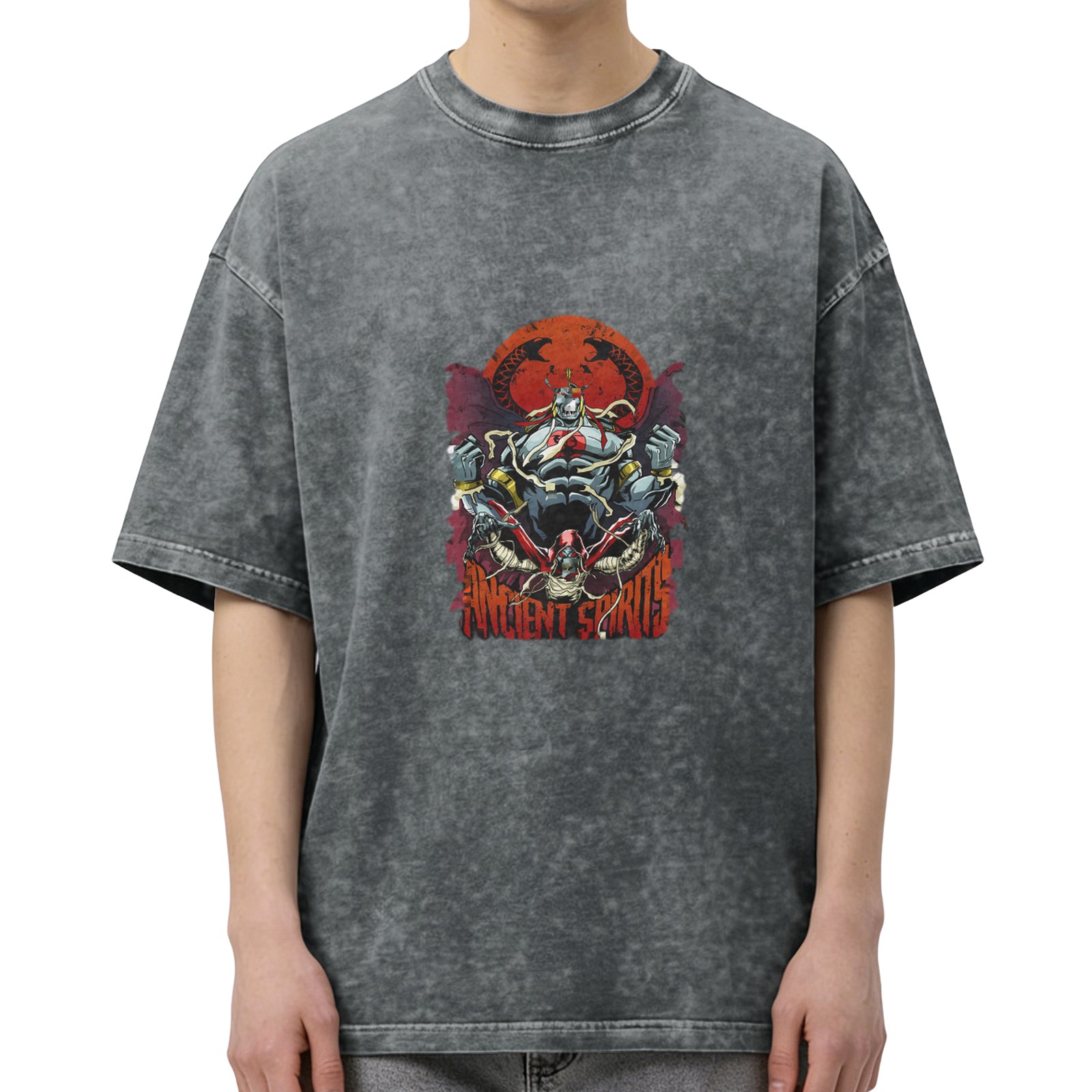 Washed Black Graphic T-Shirt with Ancient Spirits Monster Print