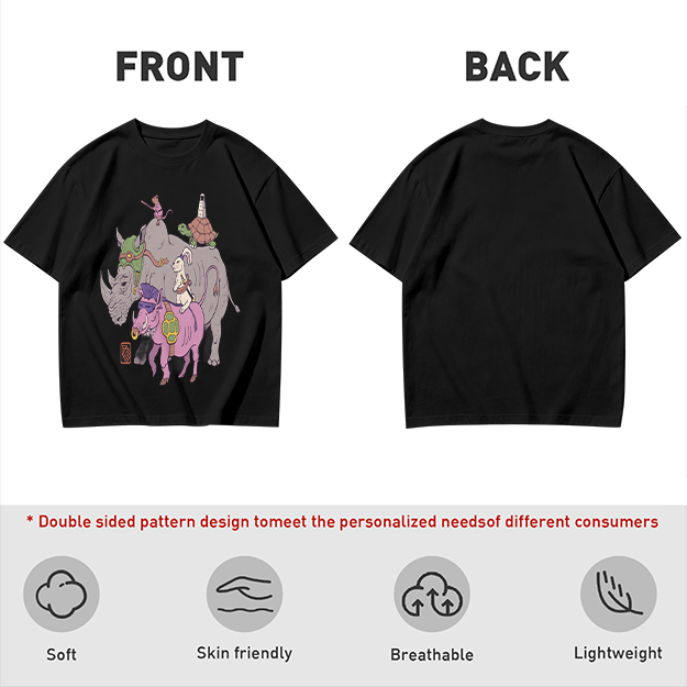 Olive T-Shirt With Whimsical Fantasy Animal Group Print