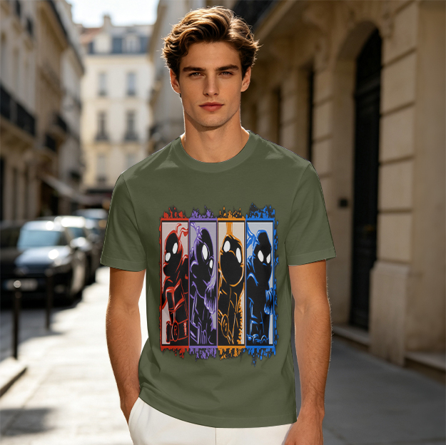Olive T-Shirt With Four Superhero Silhouette Panels