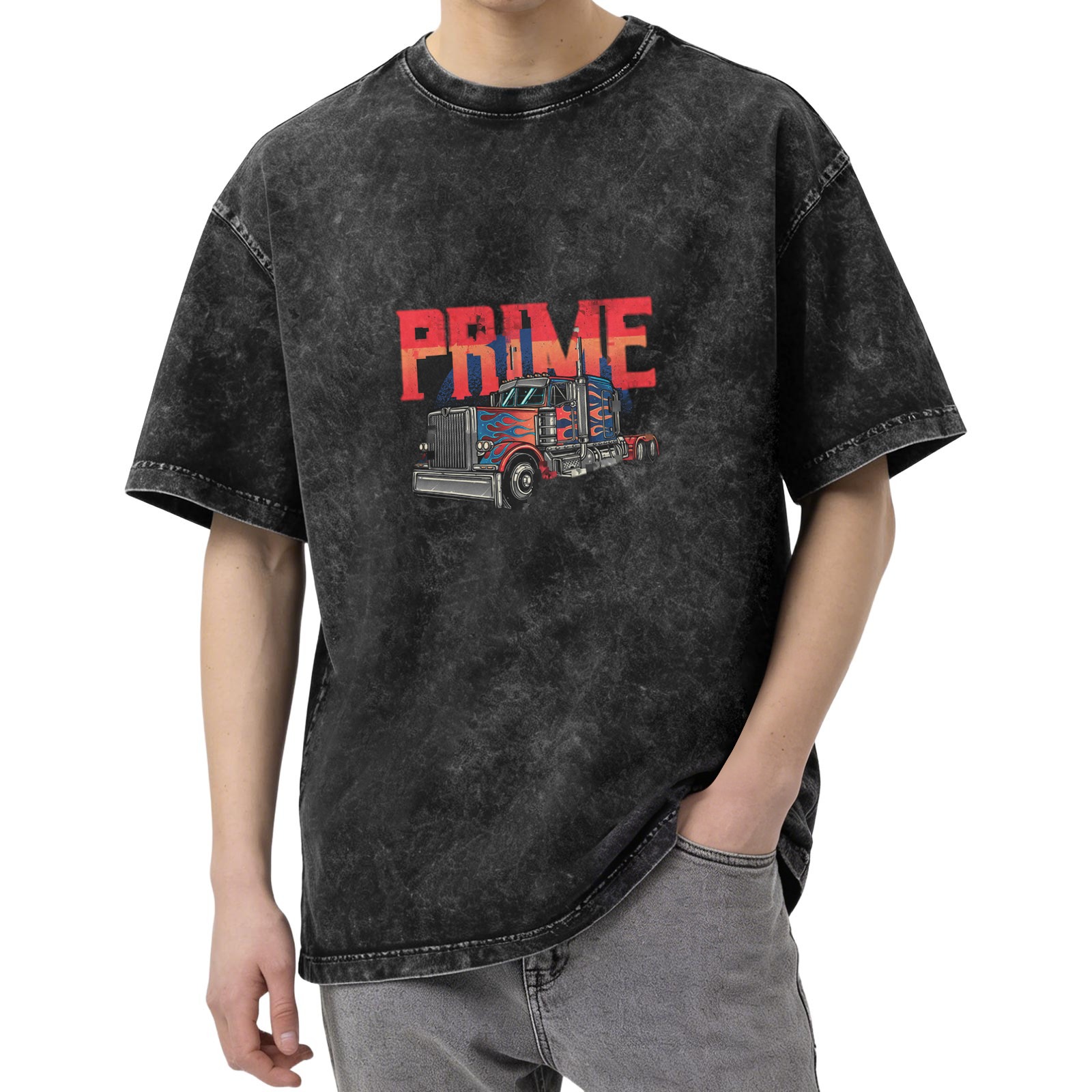 Washed Black T-Shirt with PRIME Text and Semi Truck Graphic