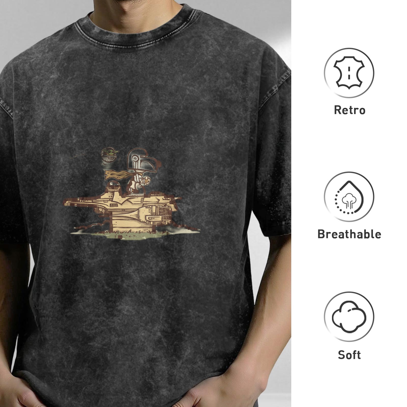 Distressed black loose short-sleeved T-shirt Cartoon retro pattern printed top