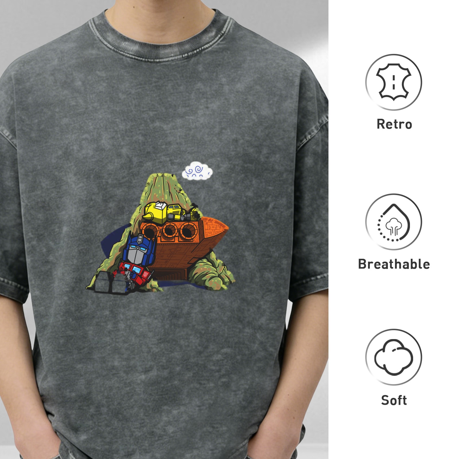Distressed washed black loose short-sleeved T-shirt Cartoon Transformers printed casual top