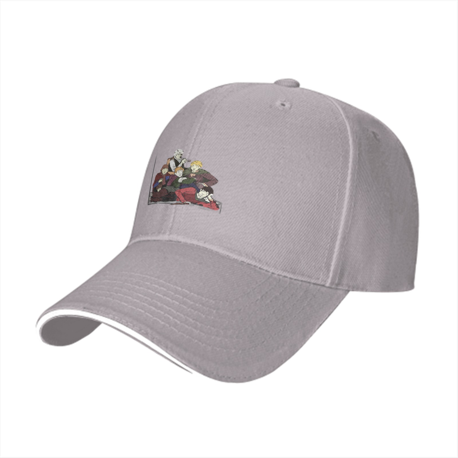 Black baseball cap with anime group character print