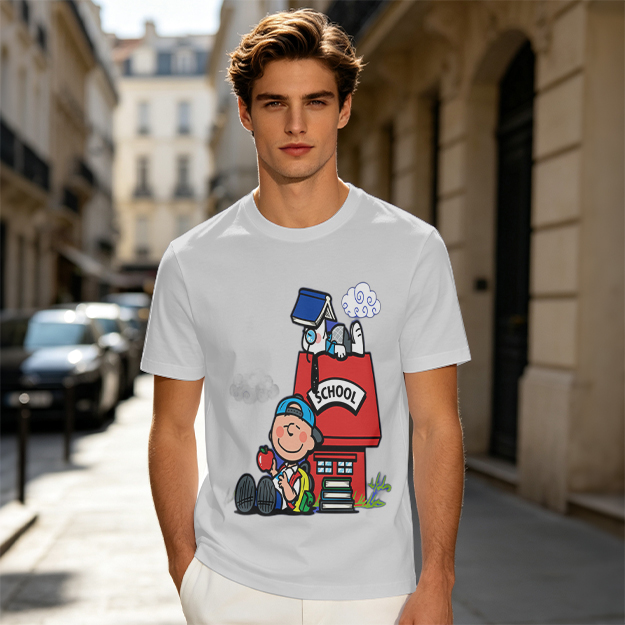 Olive T-shirt with Charlie Brown and Snoopy School Print