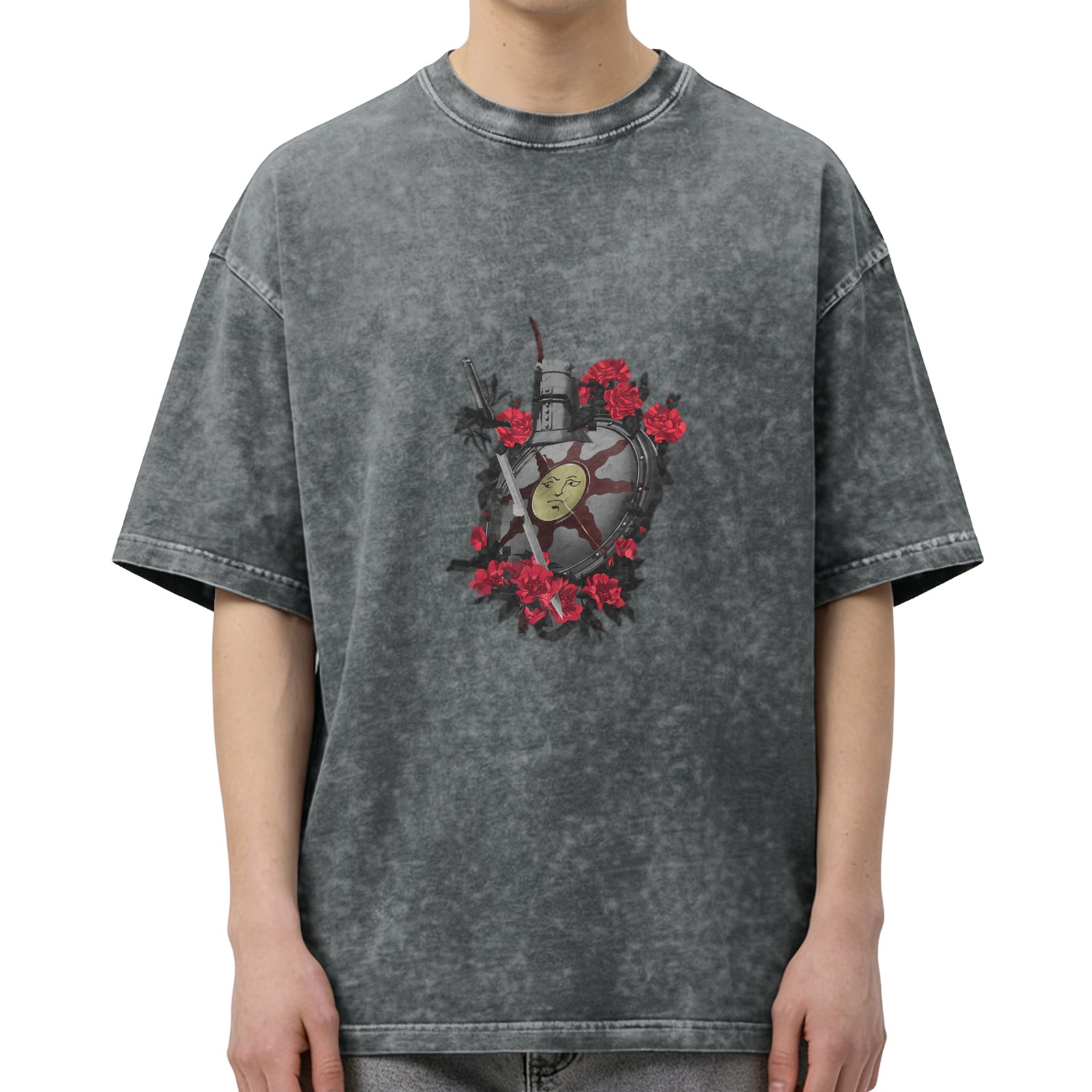 Dark Acid Wash T-Shirt with Knight Shield and Red Roses Graphic