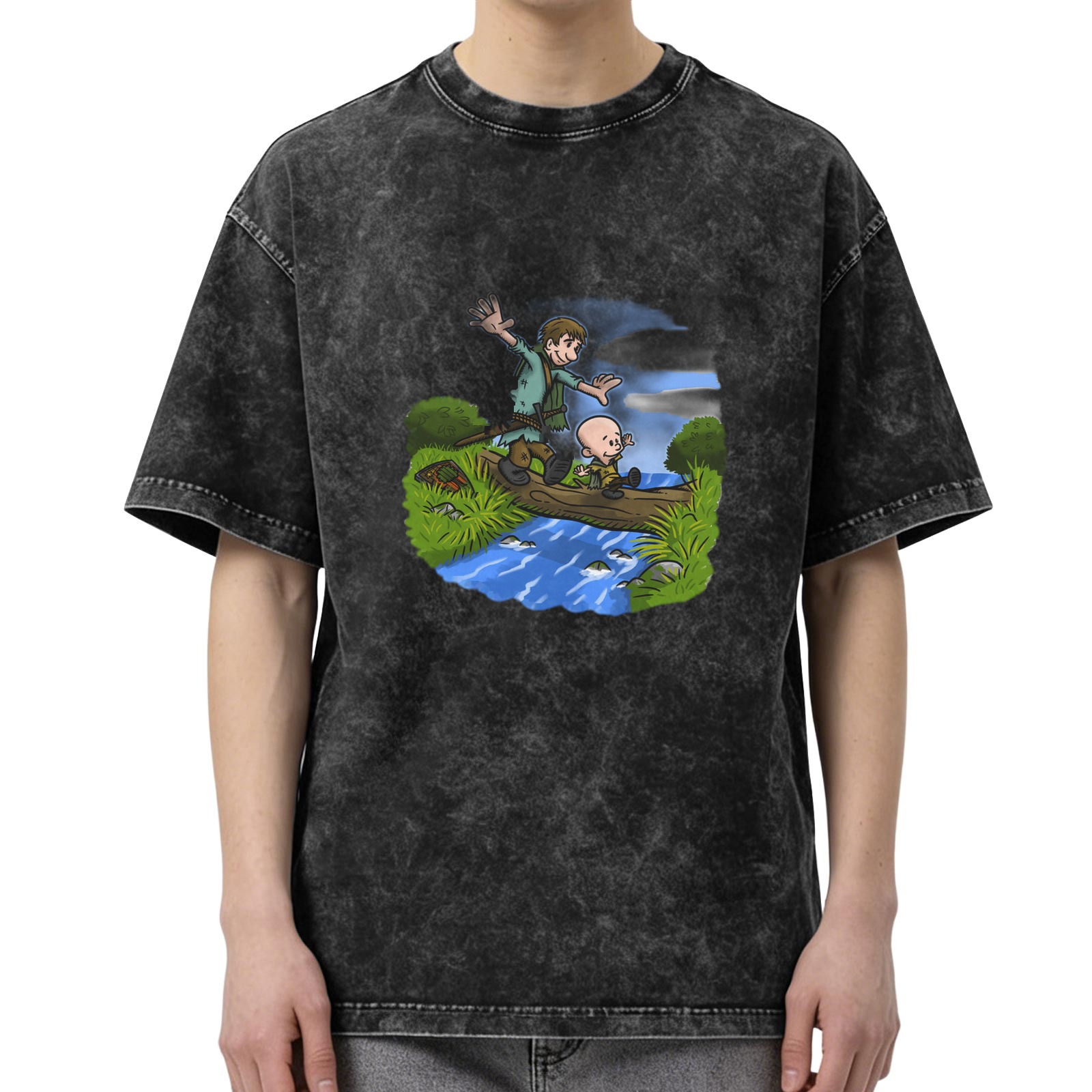 Washed Black T-Shirt With Cartoon Boys Crossing Stream Art