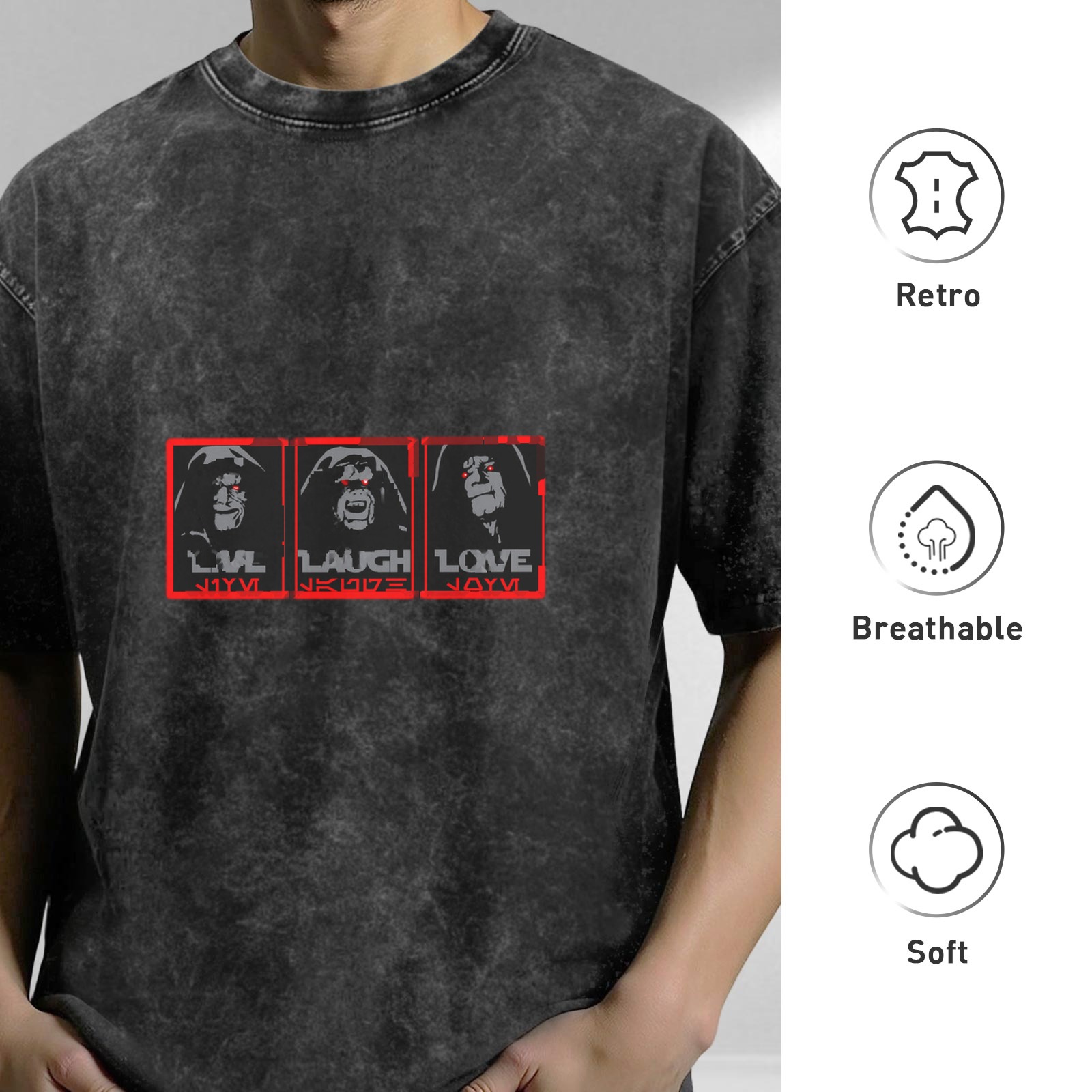 Washed Black Graphic T-Shirt With Dark Hooded Figure Live Laugh Love Print