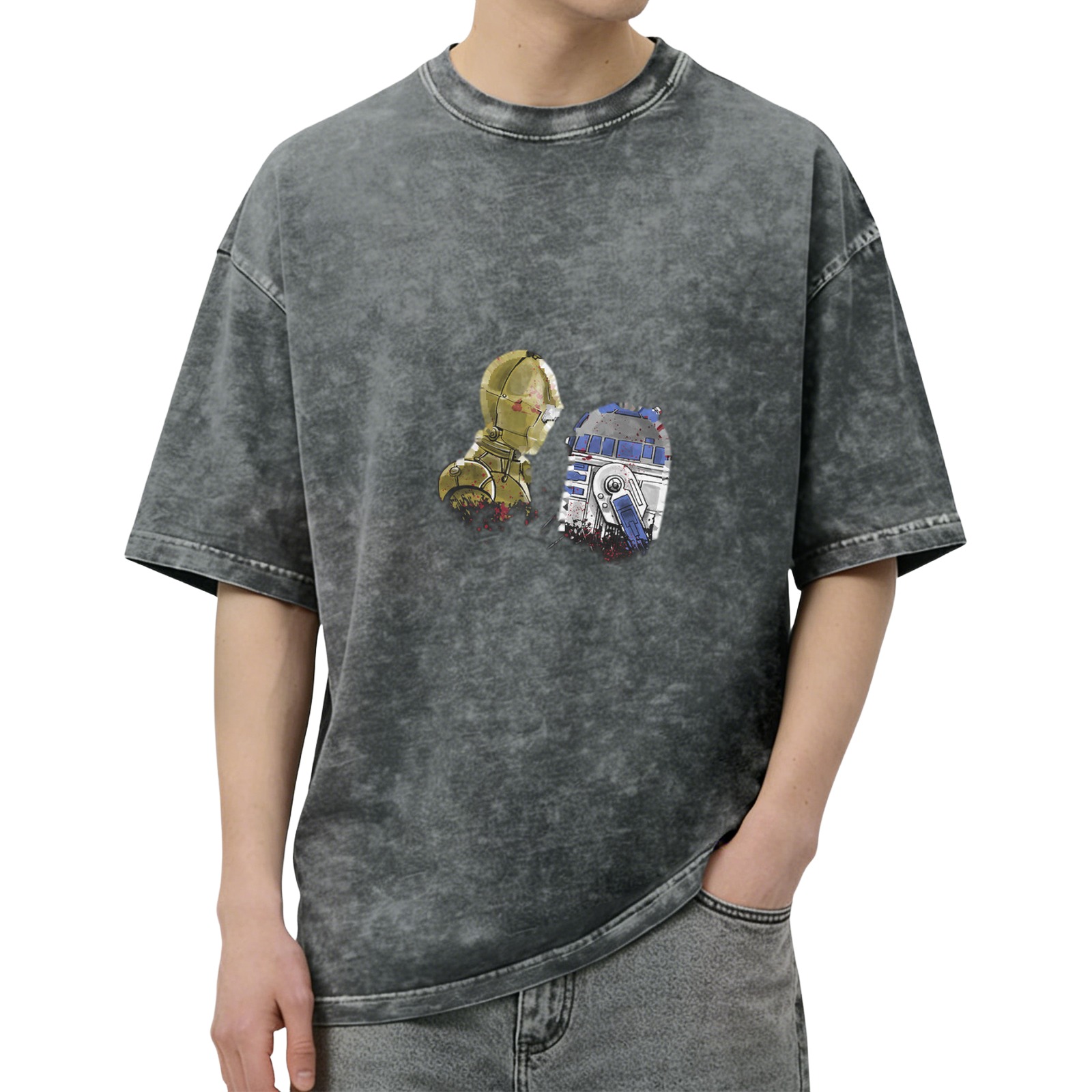 Distressed black short-sleeved T-shirt Star Wars C-3PO and R2-D2 printed loose top