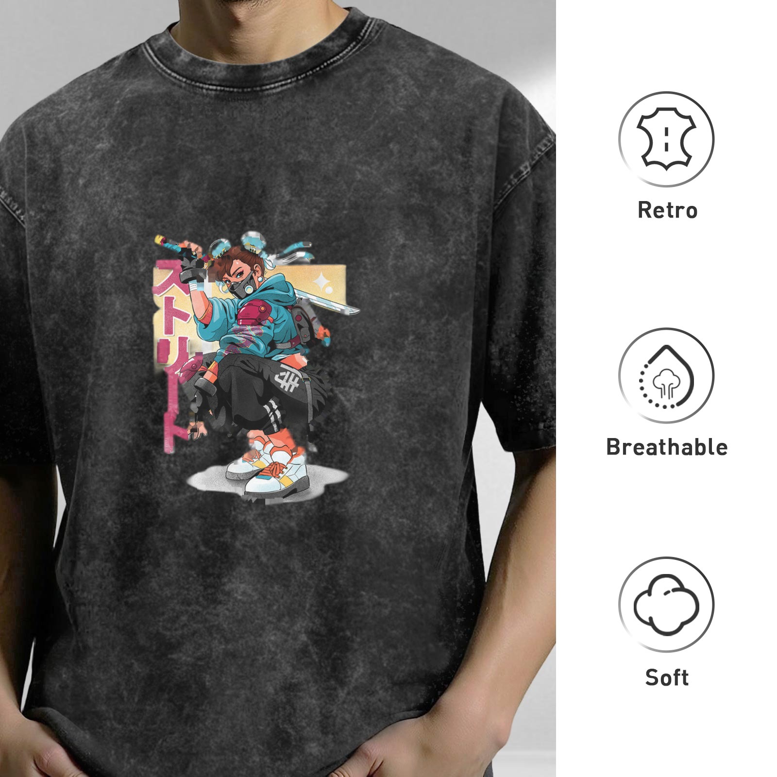 Oversized Acid Wash T-Shirt with Anime Cyberpunk Ninja Graphic