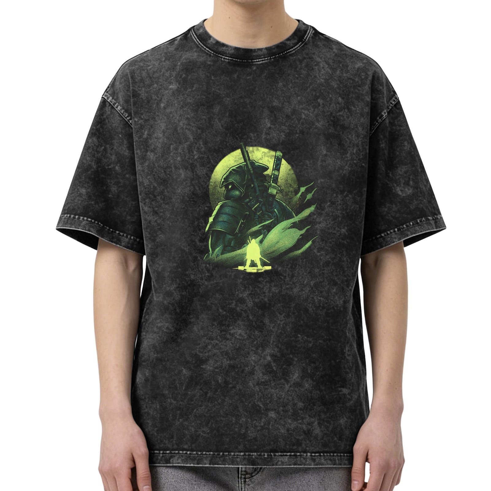 Oversized Acid Wash T-Shirt With Glowing Samurai Print