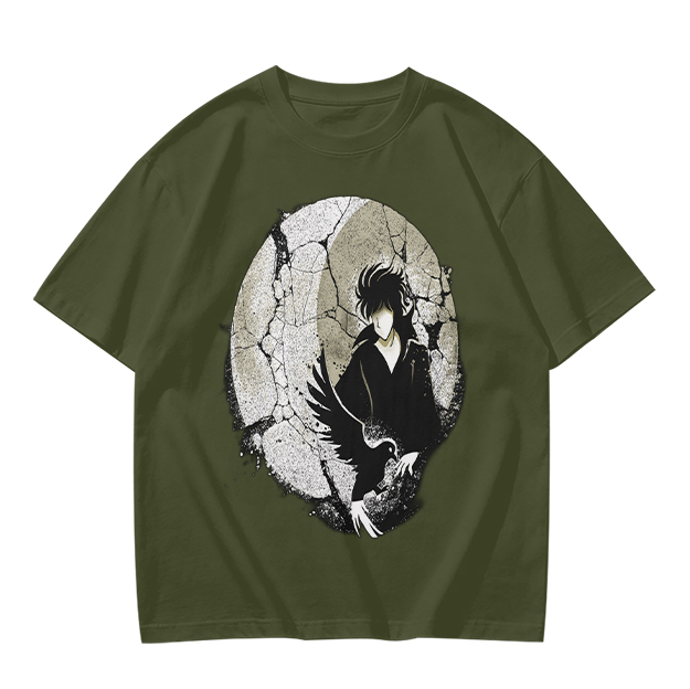 Olive T-shirt with Dark Anime Character and Raven Print