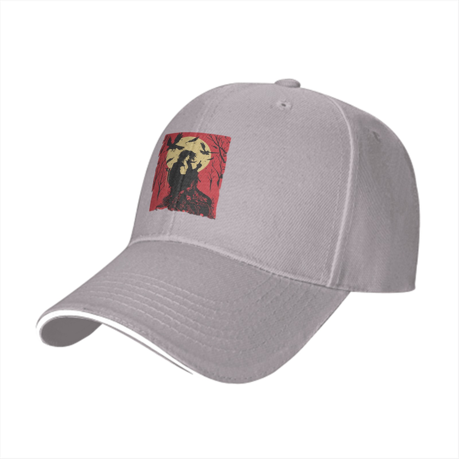 Black Baseball Cap With Red Moon Crow Silhouette Graphic