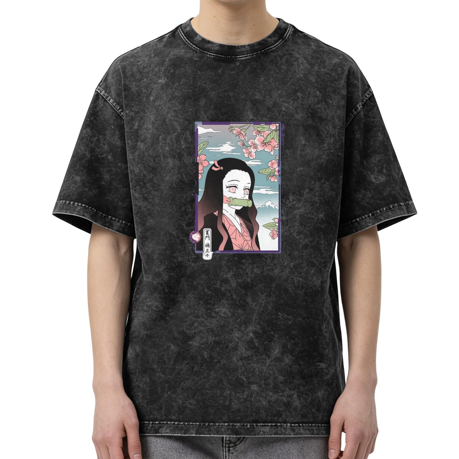 Demon Slayer: Kimetsu no Yaiba Nezuko themed old washed black loose short-sleeved T-shirt