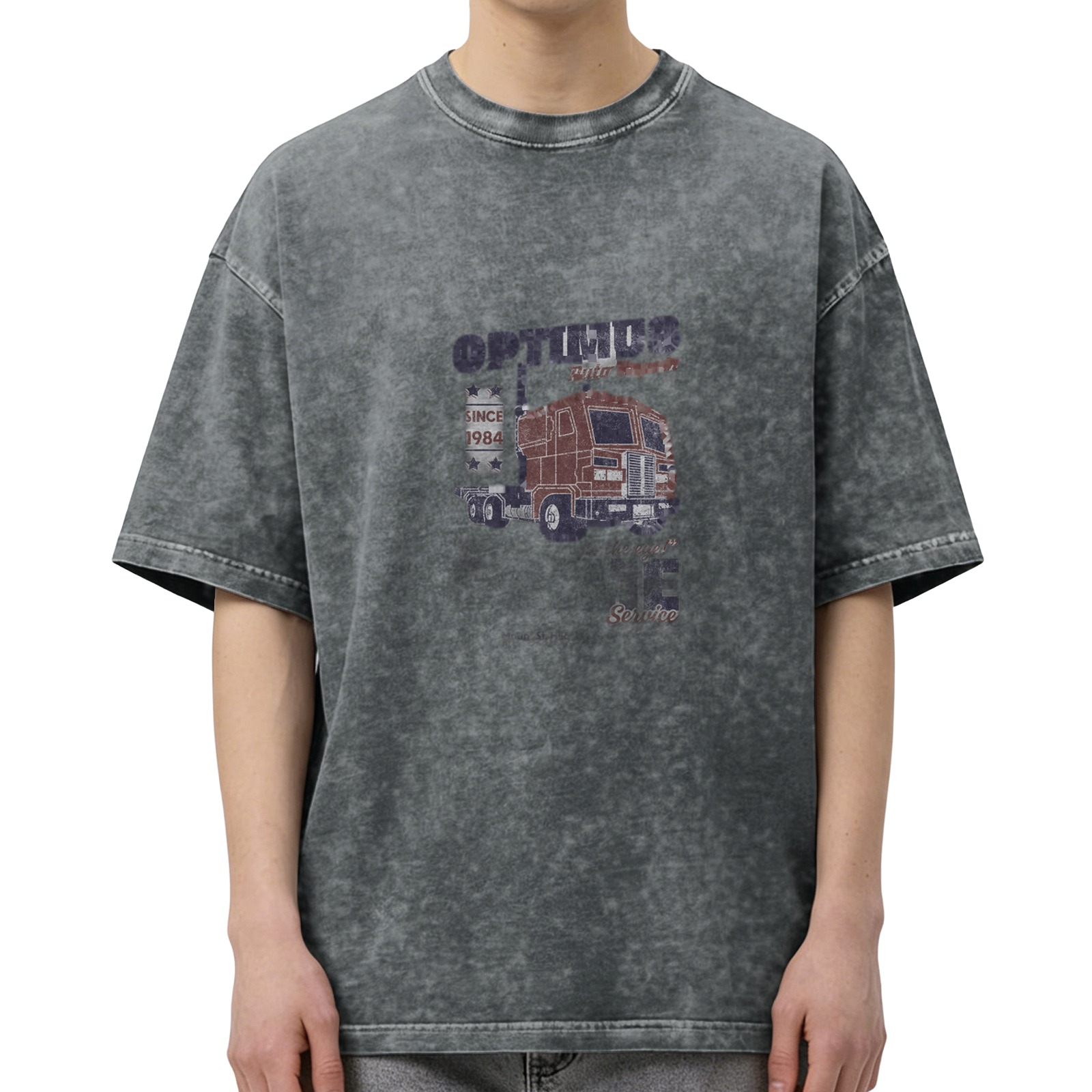 Oversized Acid Wash T-Shirt With Vintage Semi Truck Graphic Print