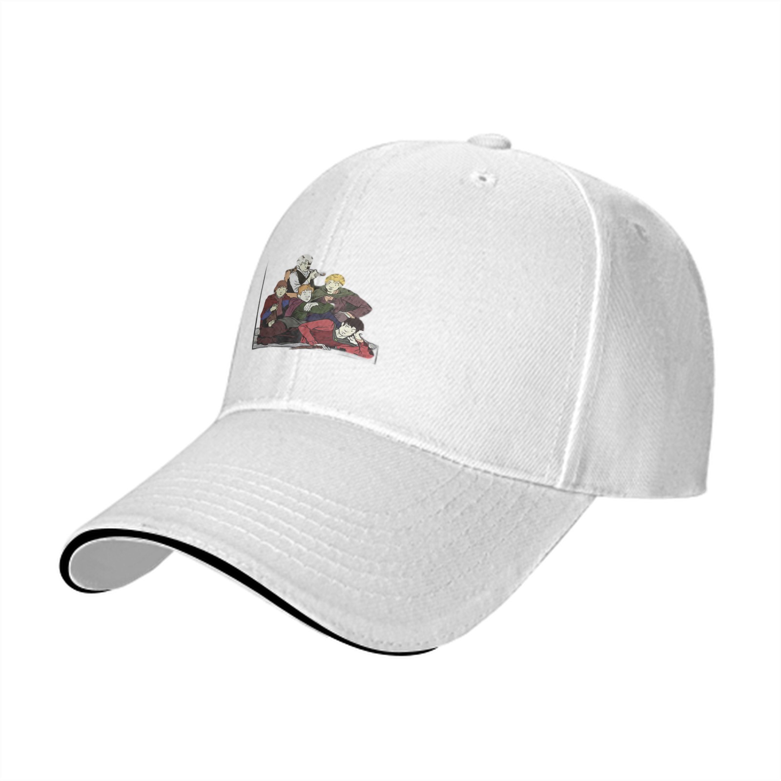 Black baseball cap with anime group character print