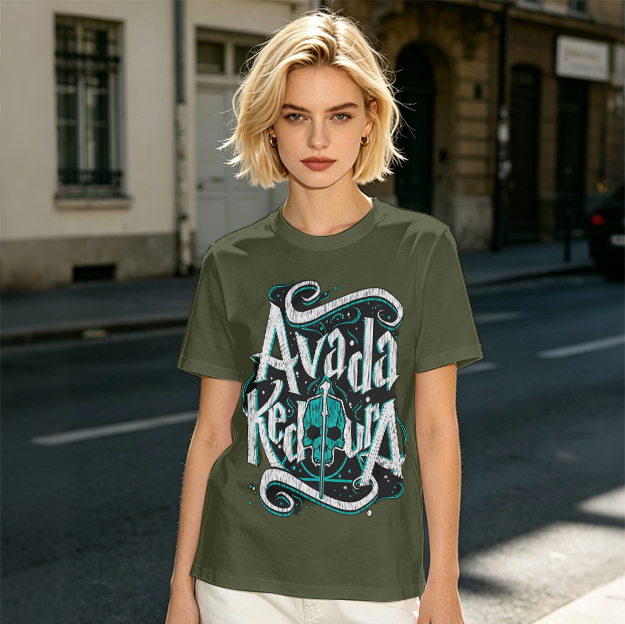 Olive T-Shirt With Avada Kedavra Dark Magic Skull Graphic