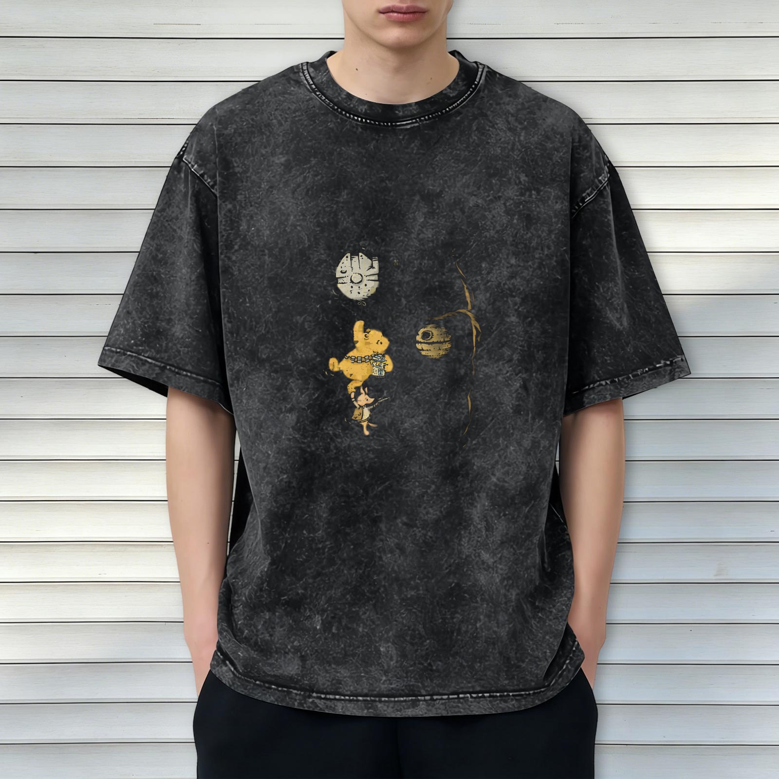 Winnie The Pooh x Star Wars Crossover Vintage Wash T-Shirt - Dark Gray Acid Wash Graphic Tee