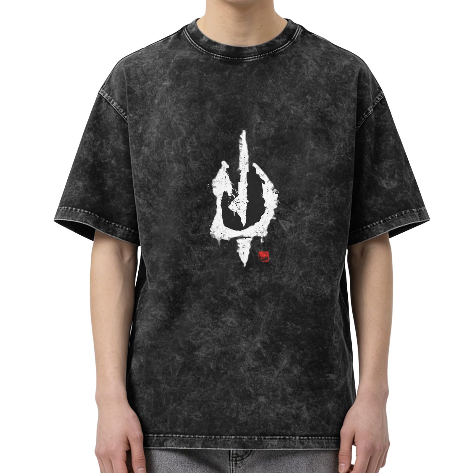 Oversized Acid Wash T-Shirt with Dark Fantasy Symbol Print