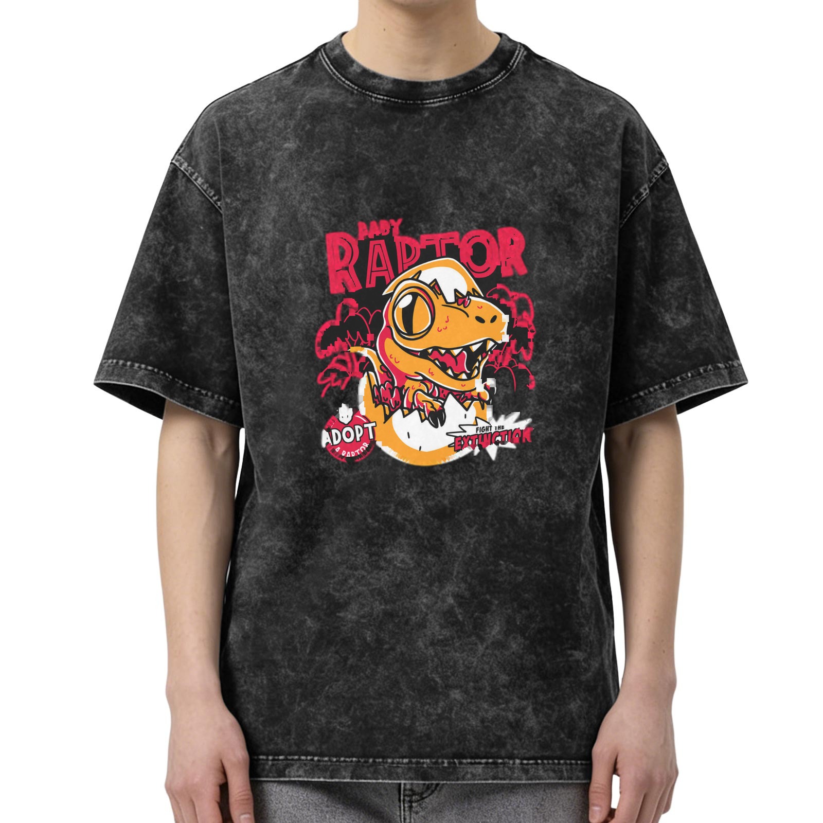 Baby Raptor Graphic Print Oversized Stone Wash T-Shirt