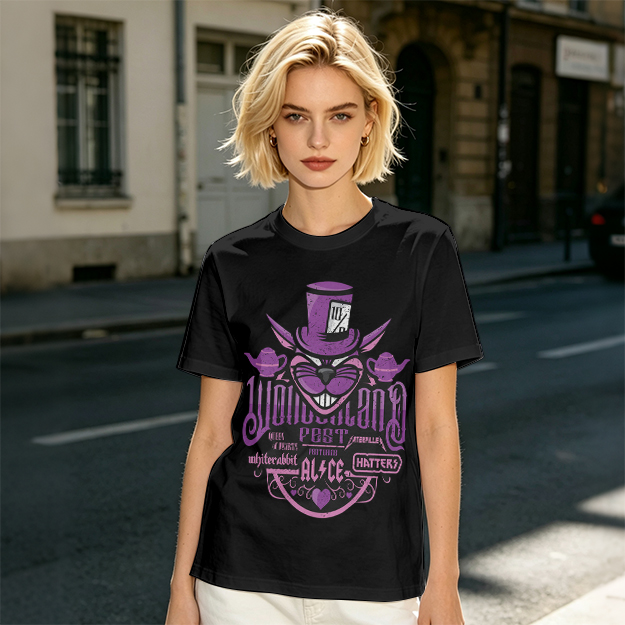 Olive T-Shirt with Wonderland Cheshire Cat Mad Hatter Print