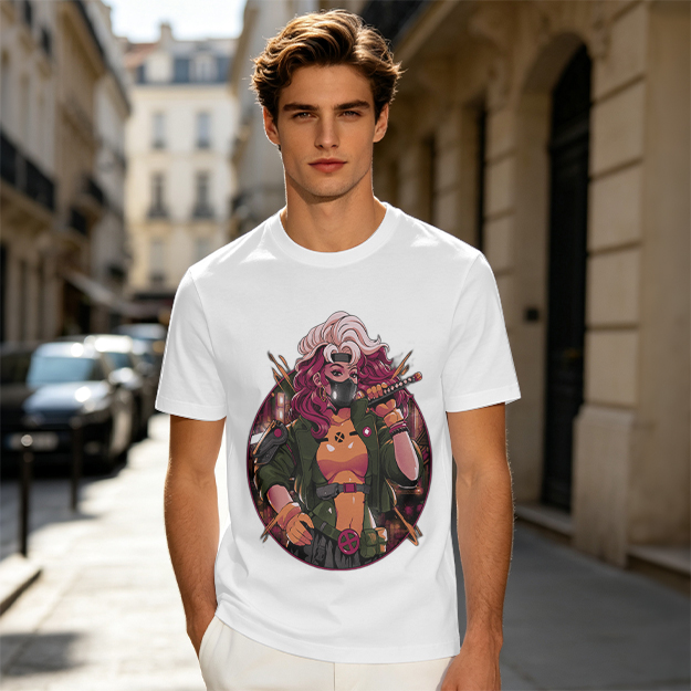Olive T-Shirt with Anime Cyberpunk Female Warrior Print