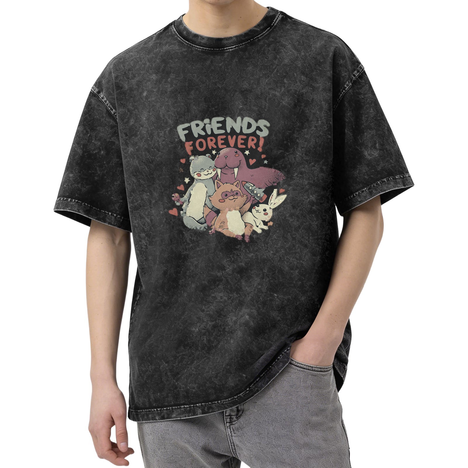 Oversized acid wash t-shirt with friends forever animal graphic print