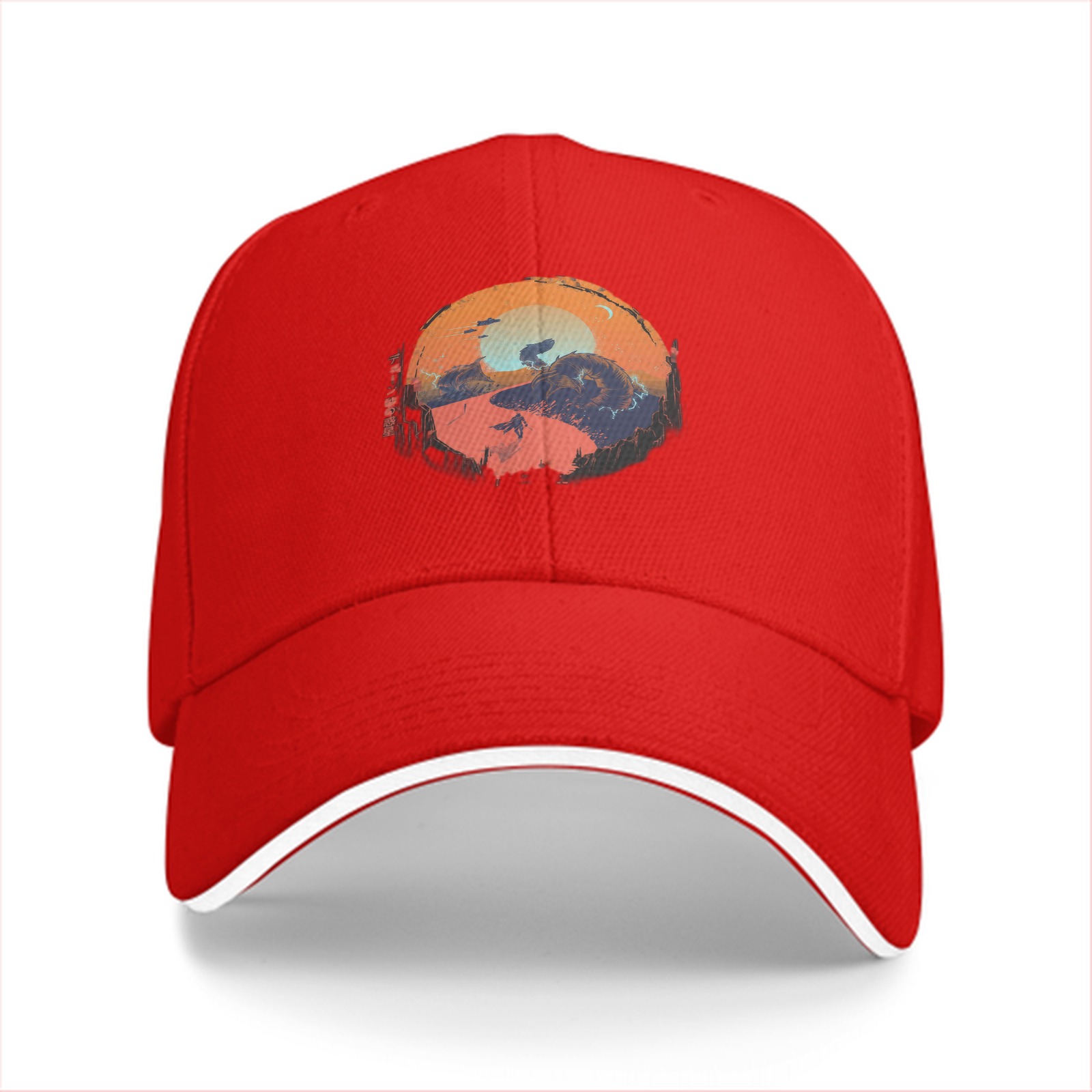 Black Baseball Cap with Sunset Landscape Graphic Print
