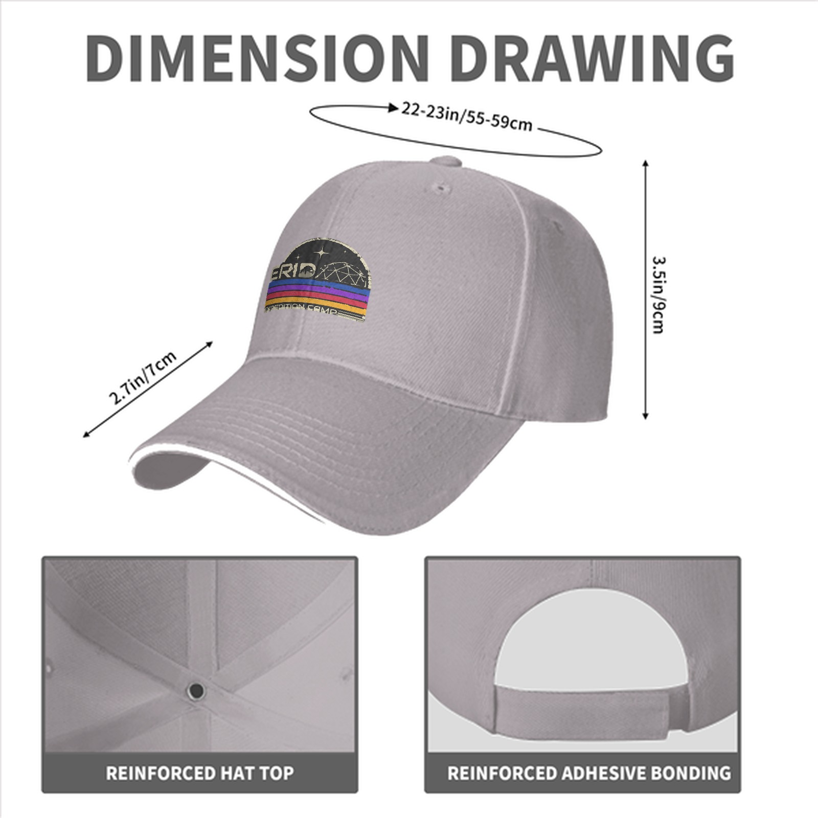 Black baseball cap with retro Erid Expedition Camp graphic