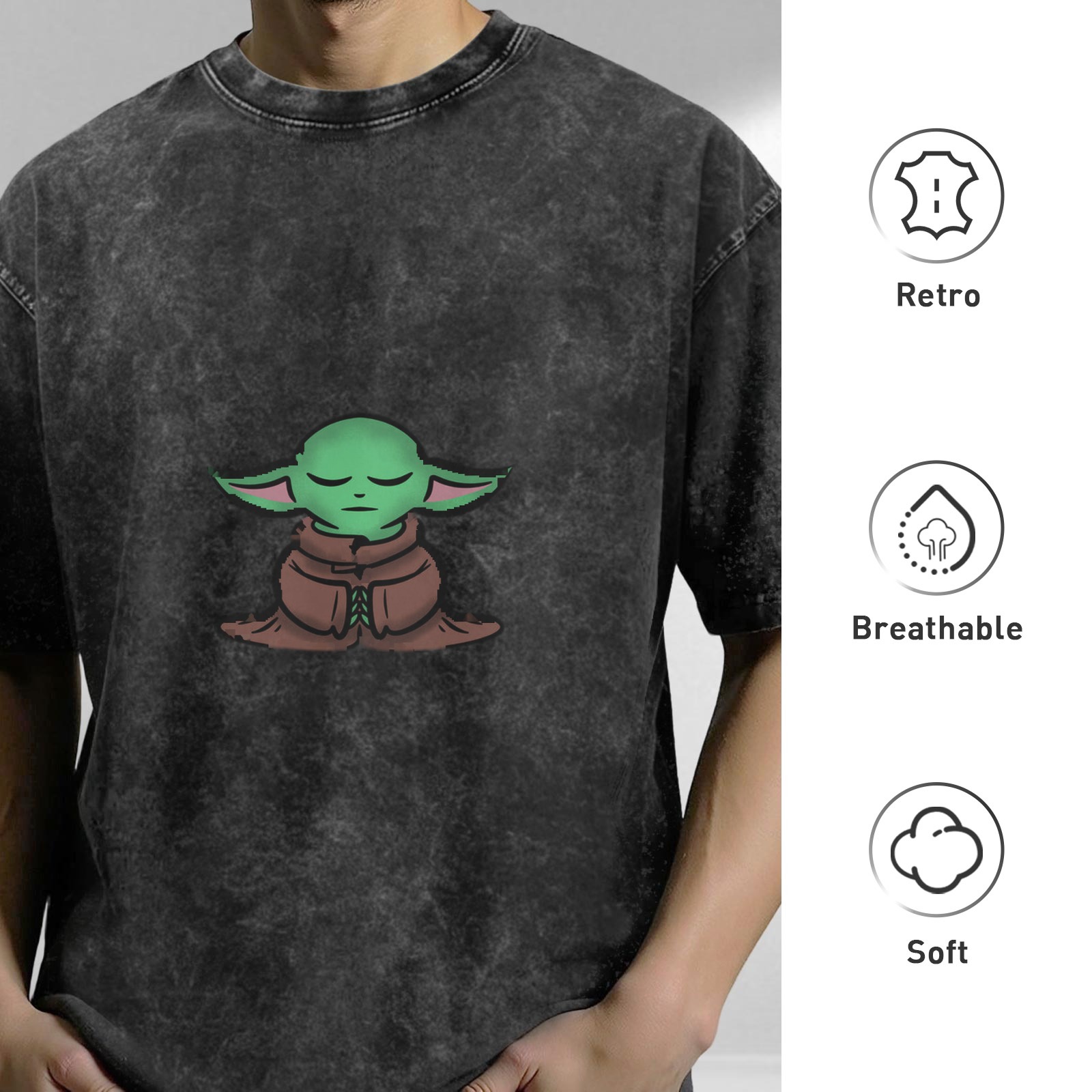 Washed black t-shirt with meditating Baby Yoda graphic