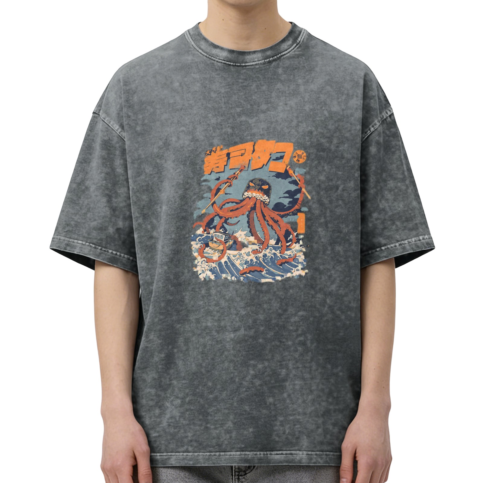 Retro washed black octopus illustration short-sleeved T-shirt Japanese Ukiyo-e style octopus pattern casual top