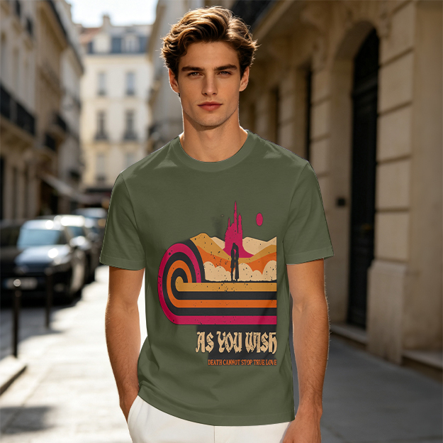 Olive Graphic T-Shirt with Retro Desert Castle and 'As You Wish' Text
