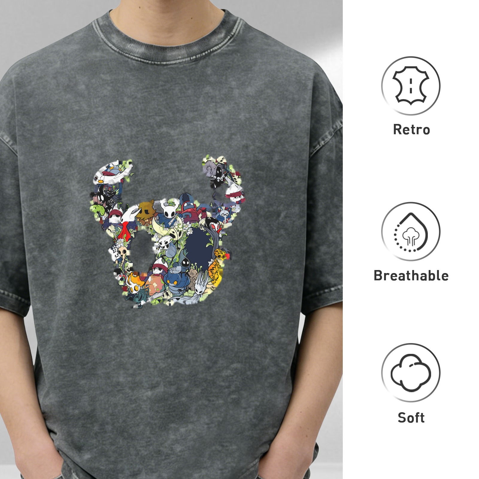 Oversized Washed Black T-Shirt With Hollow Knight Character Collage Graphic