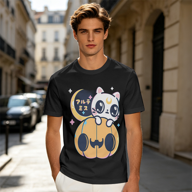 Cute white cat on jack-o'-lantern Halloween graphic tee