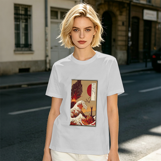 Olive T-Shirt with Ukiyo-e Style Wave and Volcano Print