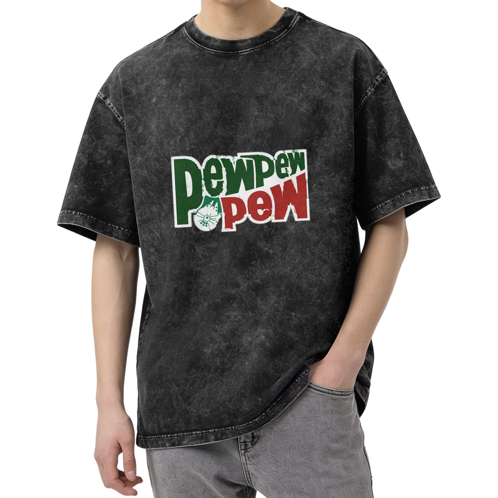 Distressed washed black loose short-sleeved T-shirt Fun Pew Pew Pew printed crew neck top