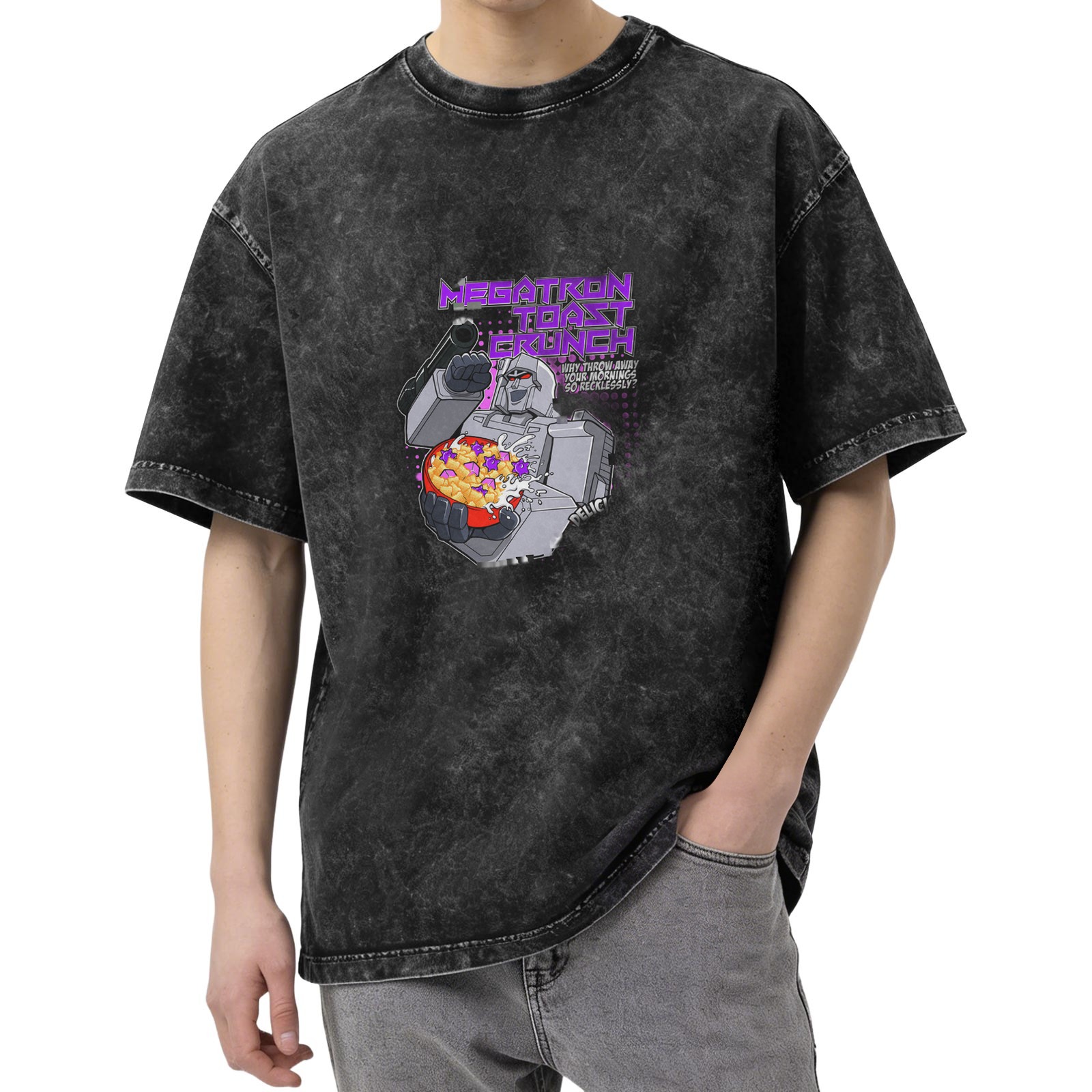 Oversized Acid Wash T-Shirt with Megatron Toast Crunch Graphic