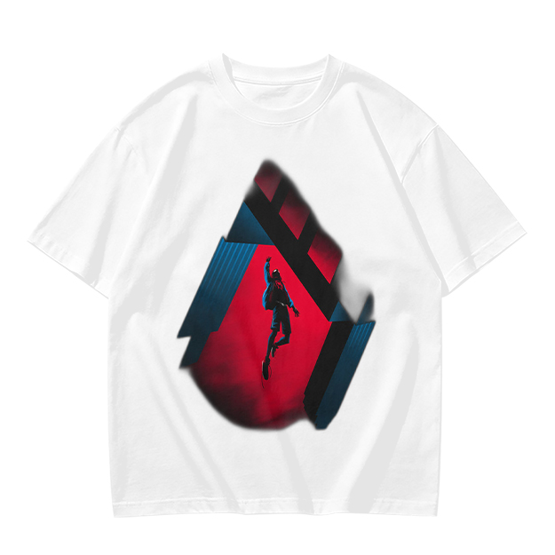 Olive T-shirt with Spider-Man mid-swing over city buildings
