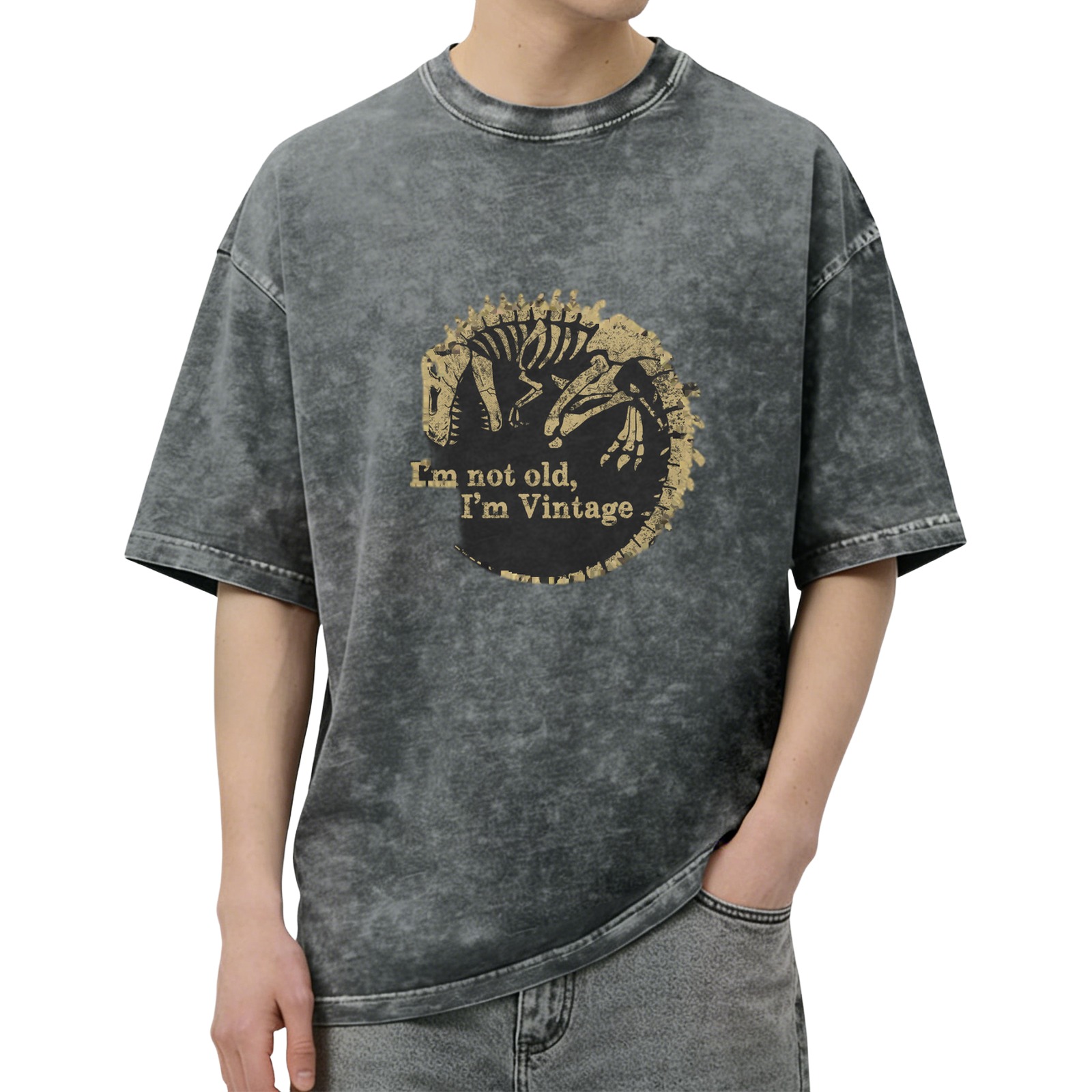 Vintage Washed T-Shirt with Dinosaur Skeleton 'I'm Not Old I'm Vintage' Print