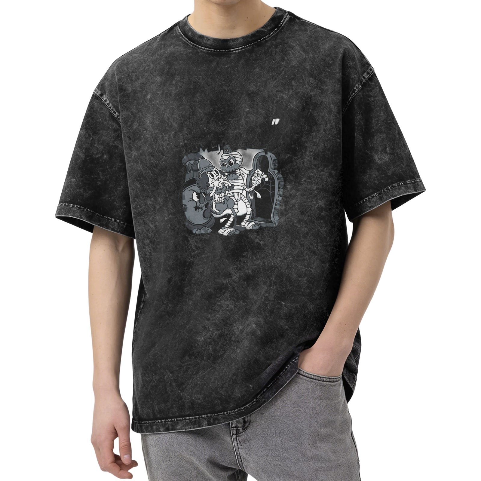 Vintage Halloween Cartoon Mummy Graphic Acid Wash T-Shirt
