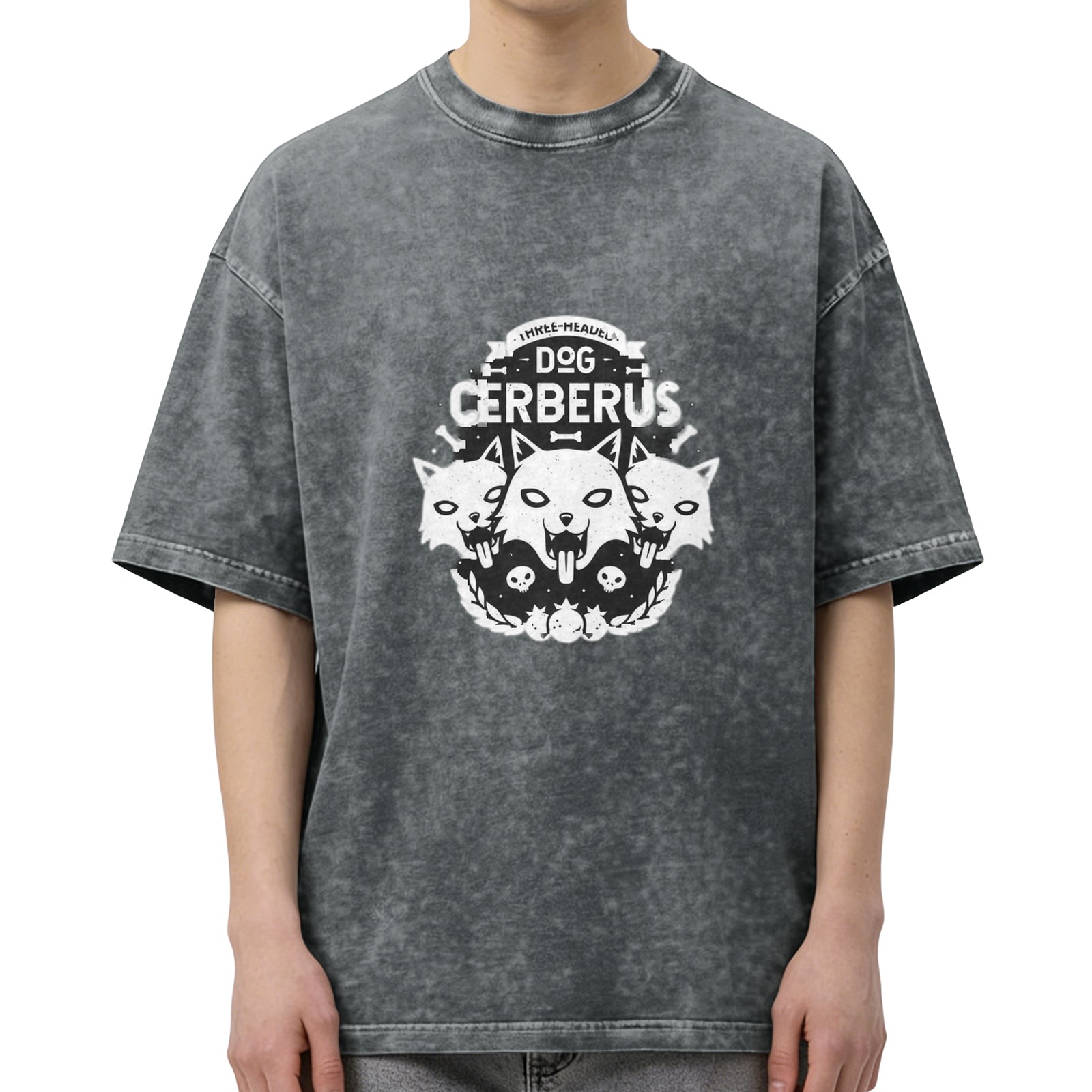 Oversized dark wash graphic t-shirt with three-headed Cerberus dog design