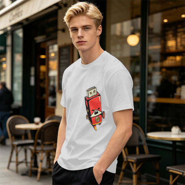 Olive T-Shirt With Cartoon USB Flash Drive Character Print
