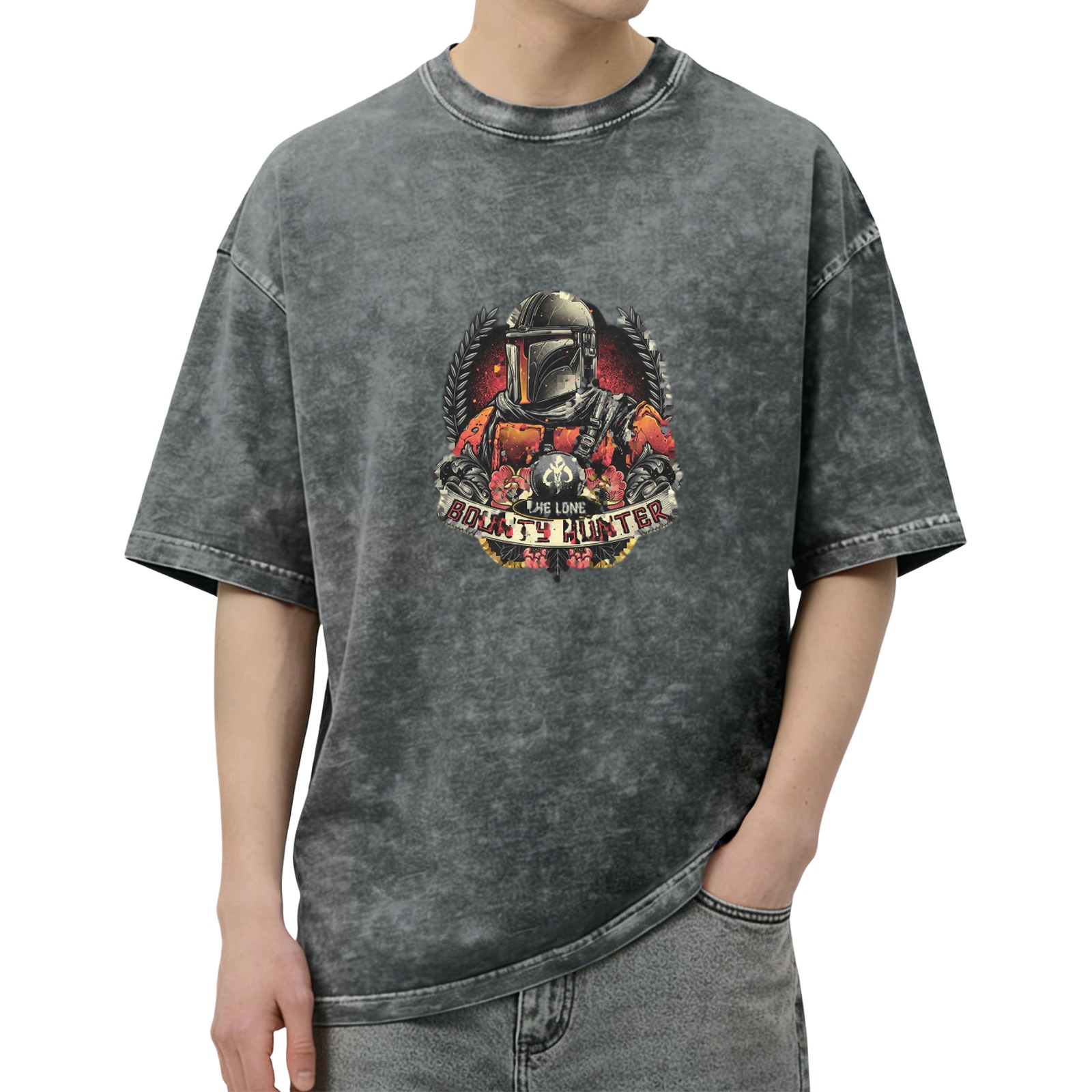 Washed Black T-Shirt with Lone Bounty Hunter Graphic