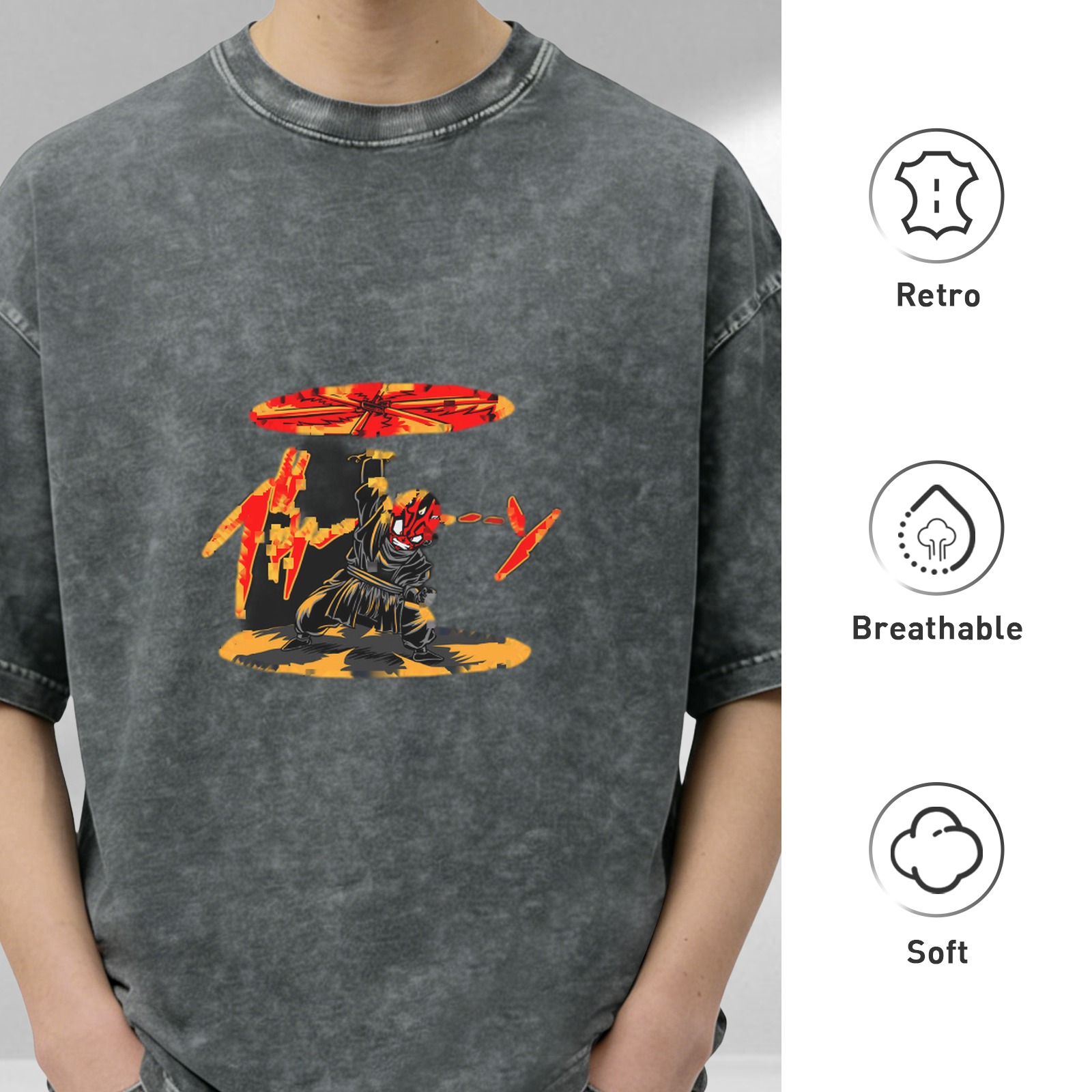 Oversized Acid Wash T-Shirt With Ninja Warrior Graphic Print