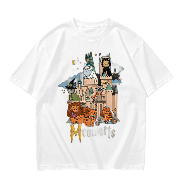 Olive T-Shirt With Whimsical Wizard Cat Castle Graphic