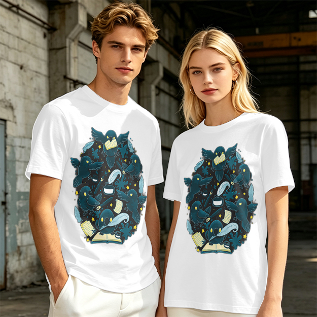Olive T-Shirt With Whimsical Crow And Stationery Print