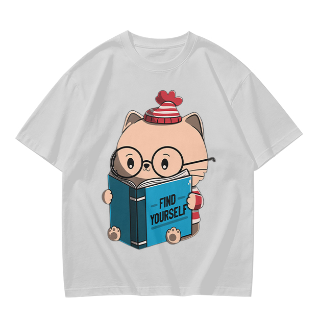 Olive T-shirt with Cute Reading Cat Graphic 'Find Yourself'
