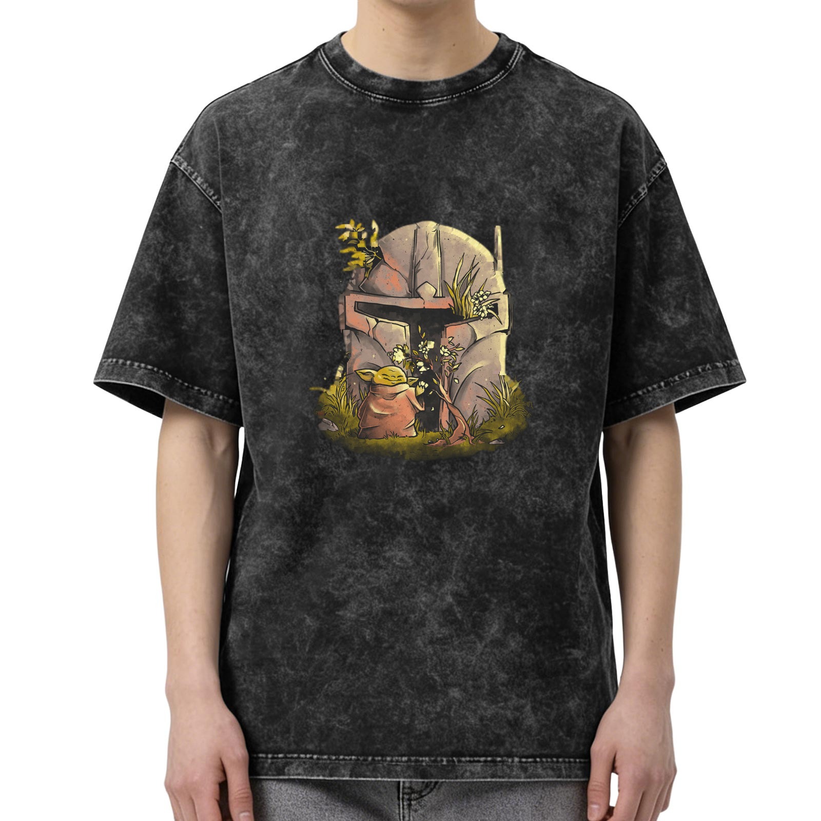 Star Wars Baby Yoda Mandalorian Helmet Graphic Acid Wash T-Shirt