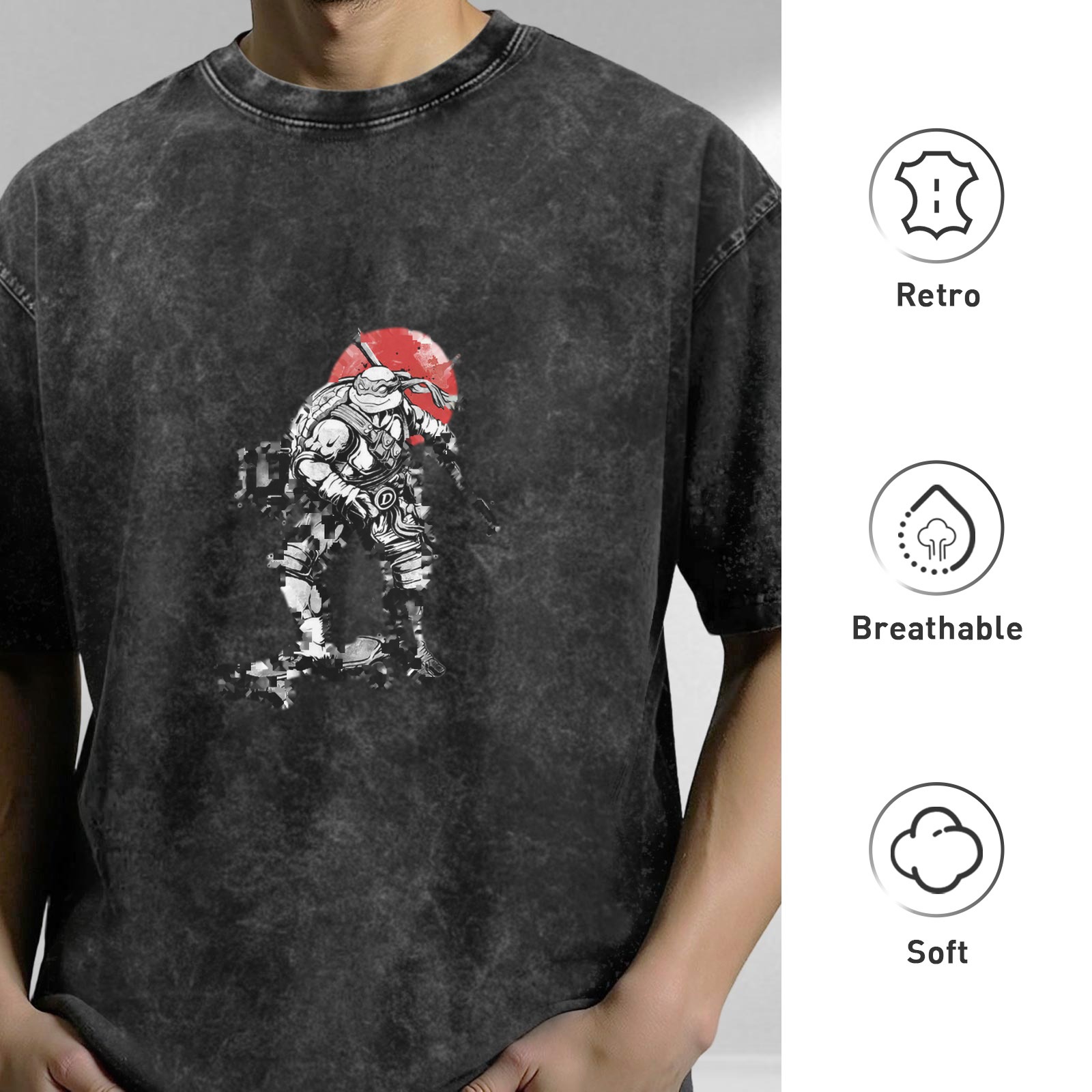 Washed Black Oversized T-Shirt With Ninja Turtle And Red Sun Graphic