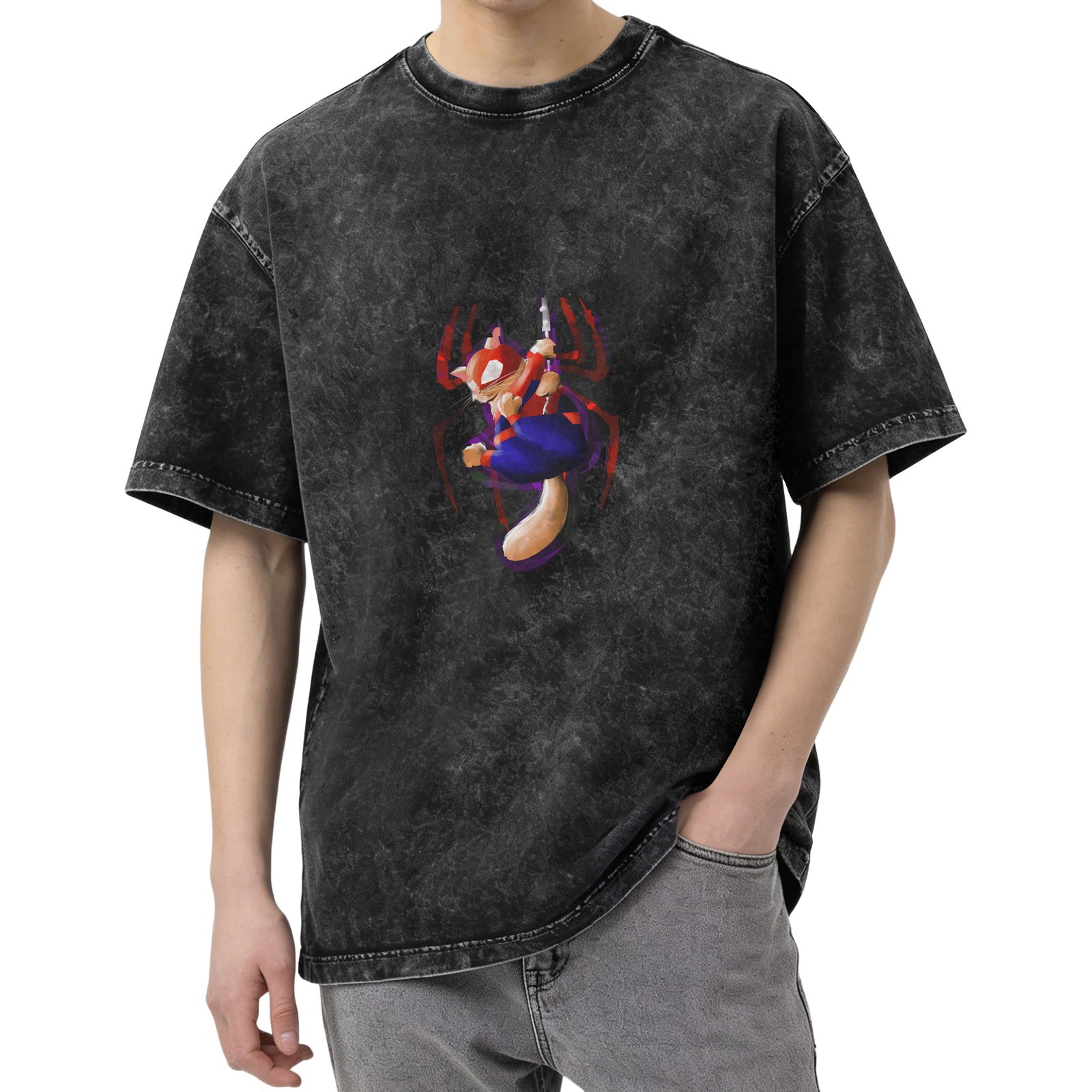 Oversized Acid Wash T-Shirt With Spider Cat Graphic Print